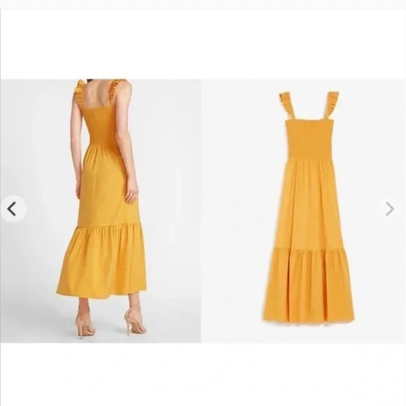 Express Yellow Smocked Bodice Flounce Maxi Dress Tiered Ruffle